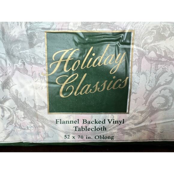 Vintage Christmas Table Cloth, Santa Angels, Oblong, Sealed, Fabric Backing - Picture 2 of 4